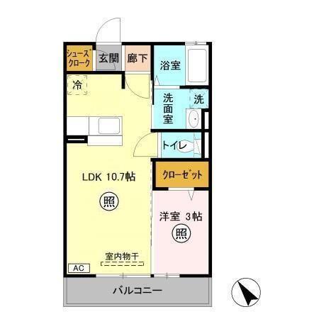 シンシア千波C(1LDK/3階)の間取り写真