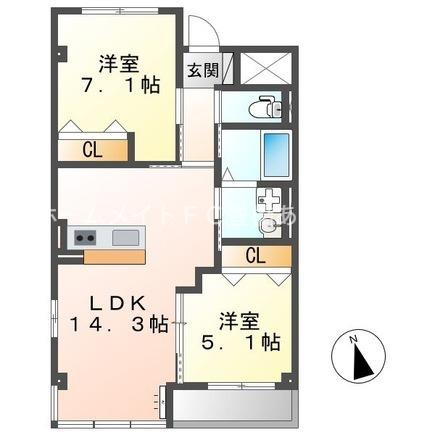 PRUCILU(2LDK/2階)の間取り写真