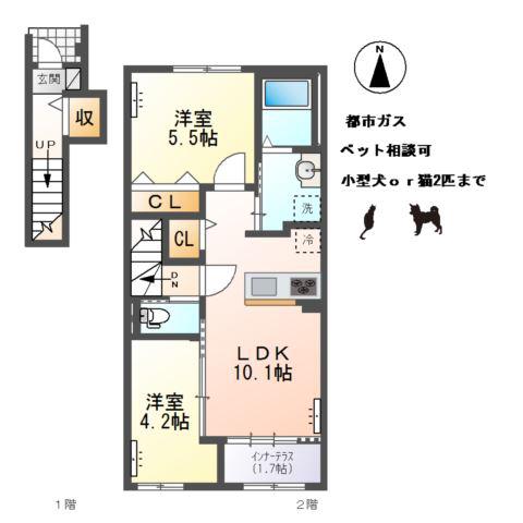 小信中島アパート(2LDK/2階)の間取り写真