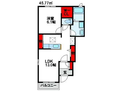 ベルコロレII B(1LDK/1階)の間取り写真