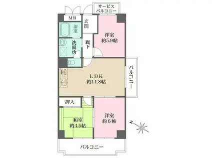 ベルダ鈴蘭台(3LDK/4階)の間取り写真