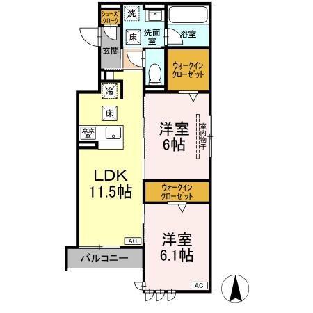 セレスティア田神 ウエスト(2LDK/1階)の間取り写真