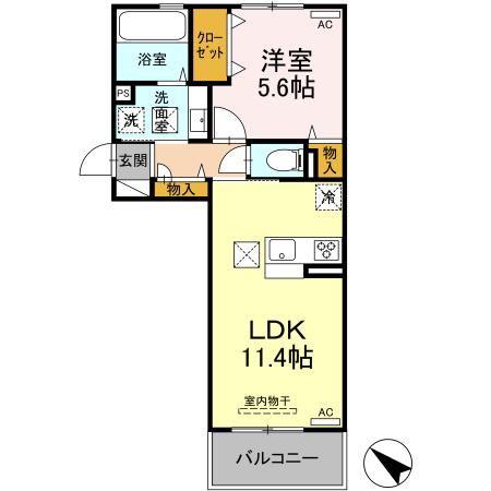 D-ROOM隈府 B棟(1LDK/1階)の間取り写真
