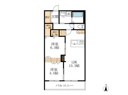 GENZ渡瀬 北館(2LDK/2階)の間取り写真