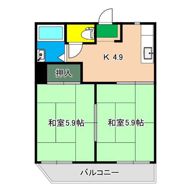 岡本ハイツ B棟(2K/1階)の間取り写真