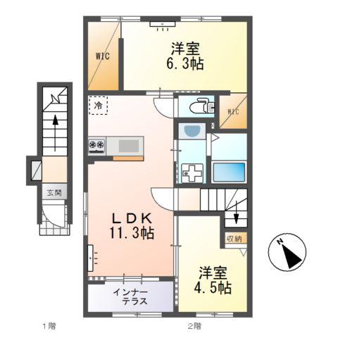 ひたちなか市足崎字原 アパートII期(2LDK/2階)の間取り写真