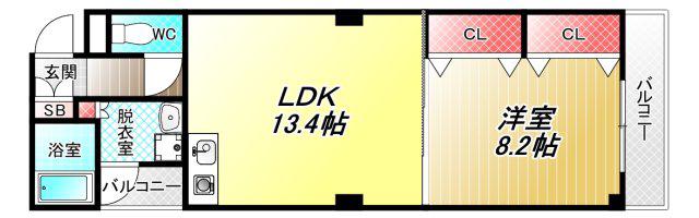 プリムローズ八戸ノ里(1LDK/2階)の間取り写真