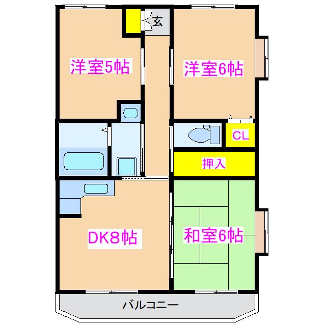潮彩マンション西棟(3DK/1階)の間取り写真