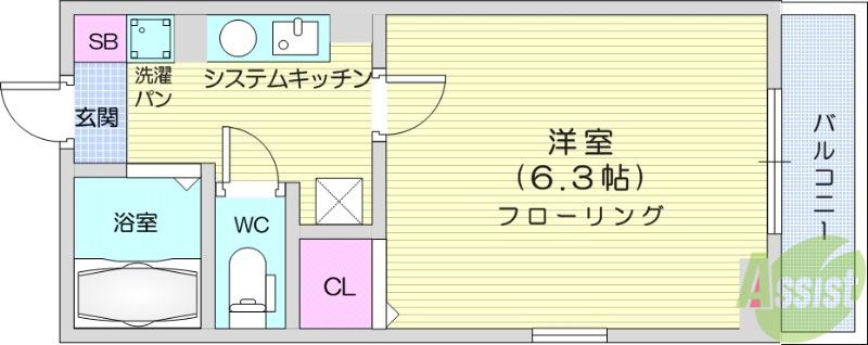 仙台市地下鉄東西線 大町西公園駅 徒歩10分 2階建 築4年(1K/2階)の間取り写真