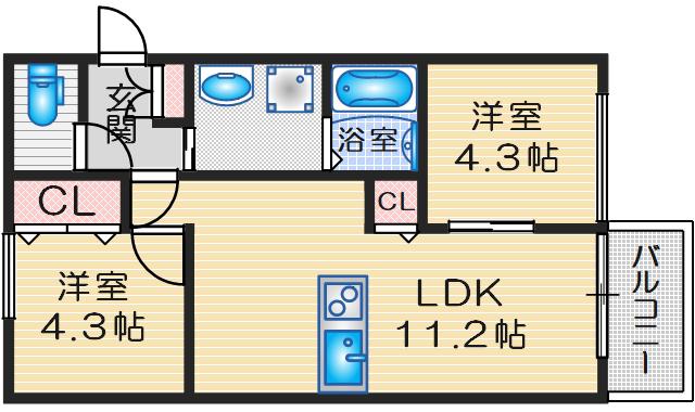 千里山東4丁目JP(2LDK/3階)の間取り写真