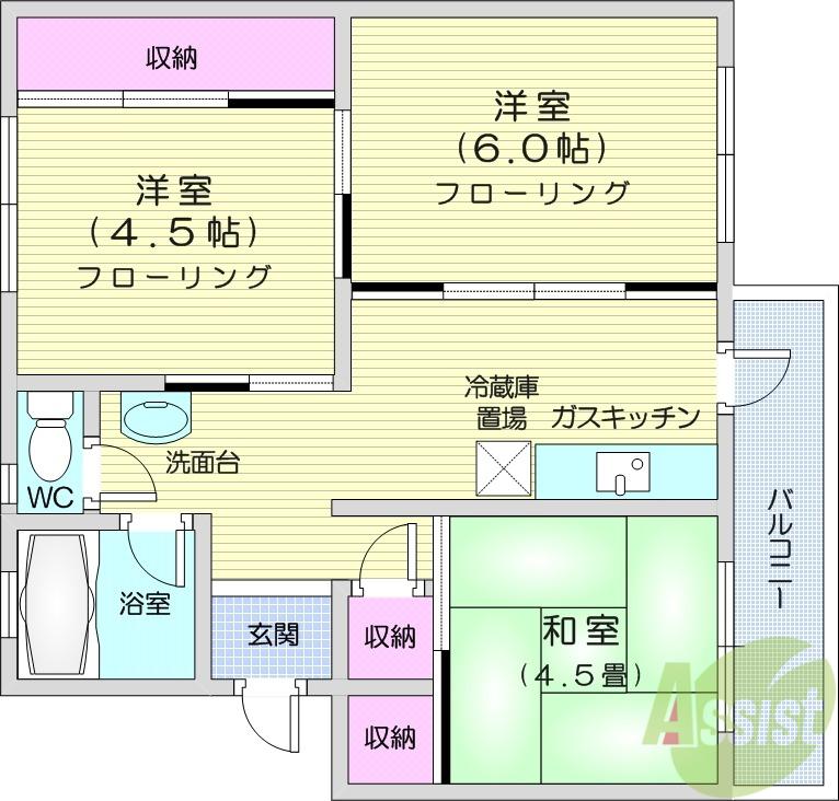 ビレッジハウス仙台鶴ケ谷二丁目6号棟(2LDK/4階)の間取り写真