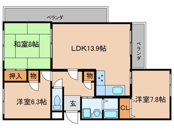 タウン唐山F棟(3LDK/3階)の間取り写真