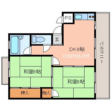 旭ヶ丘コーポラス 西棟(2DK/2階)の間取り写真