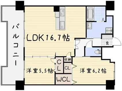 グランヒルズ三萩野(2LDK/10階)の間取り写真