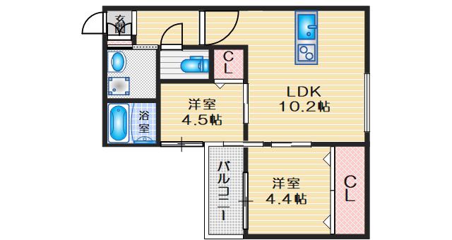 千里山東4丁目JP(2LDK/3階)の間取り写真