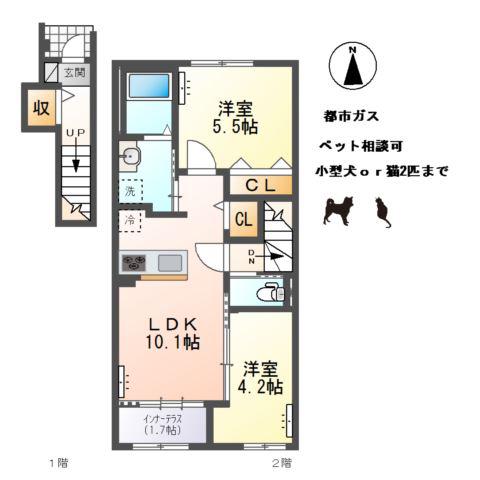 小信中島アパート(2LDK/2階)の間取り写真