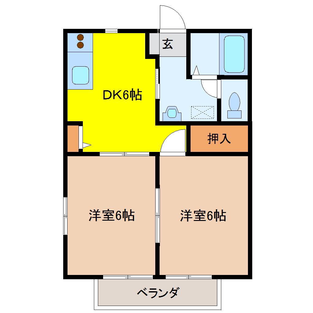 メゾンドワカバヤシD棟(2DK/1階)の間取り写真