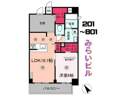 みらいビル(1LDK/8階)の間取り写真
