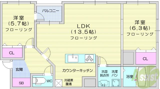 エスベランサ本町(2LDK/6階)の間取り写真