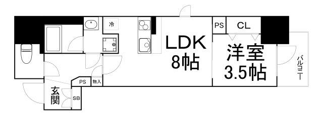 レジュールアッシュ谷町四丁目グランクラス(1LDK/2階)の間取り写真