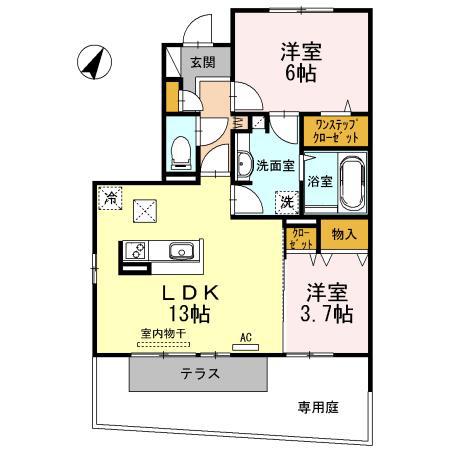 ヴィルヌーブ伍番街D棟(2LDK/1階)の間取り写真