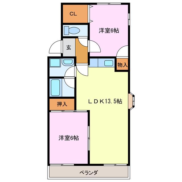ツインシャロームB棟(2LDK/2階)の間取り写真