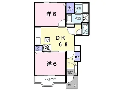 ベルフラワー(2DK/1階)の間取り写真