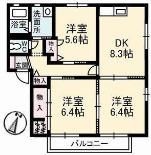 ペルレ E棟(3DK/2階)の間取り写真