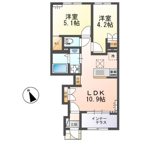ひたちなか市足崎字原 アパートII期(2LDK/1階)の間取り写真
