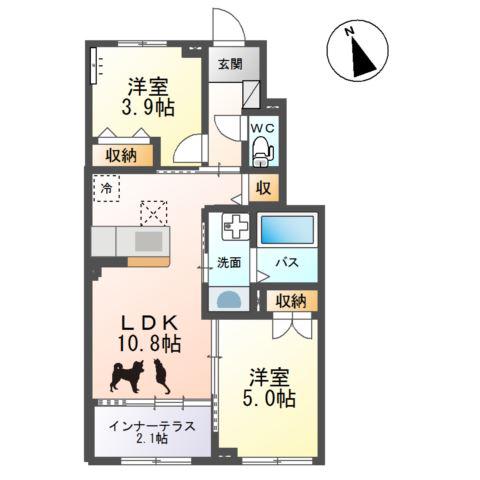 レイクヒルA棟(2LDK/1階)の間取り写真