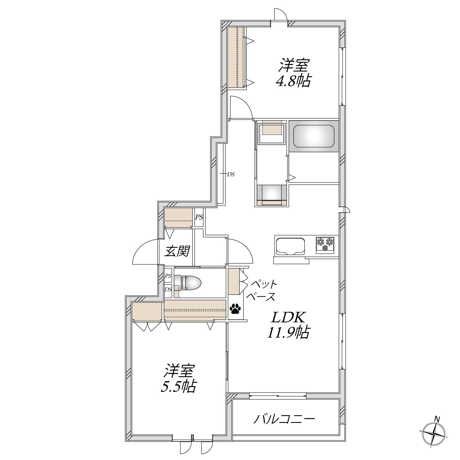 AF ペット共生・ヴォーヌン谷戸山(2LDK/3階)の間取り写真