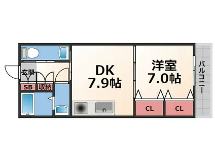 プリムローズ八戸ノ里(1DK/2階)の間取り写真