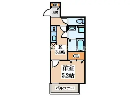 クレアール八戸ノ里(1K/2階)の間取り写真