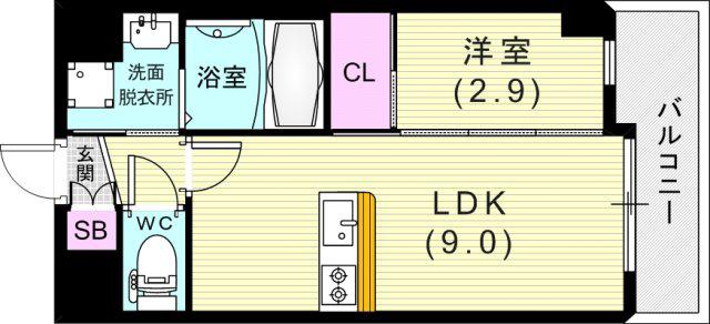 スワンズシティ神戸湊川II(1LDK/9階)の間取り写真
