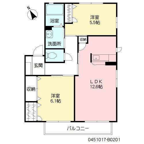 ディアコート鉄輪B 積水(2LDK/1階)の間取り写真
