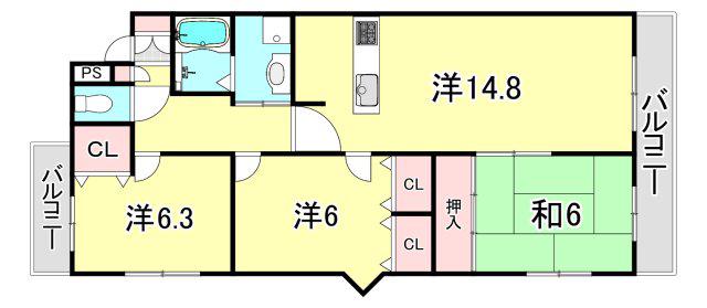 レグリス甲東園ウエスト(3LDK/1階)の間取り写真