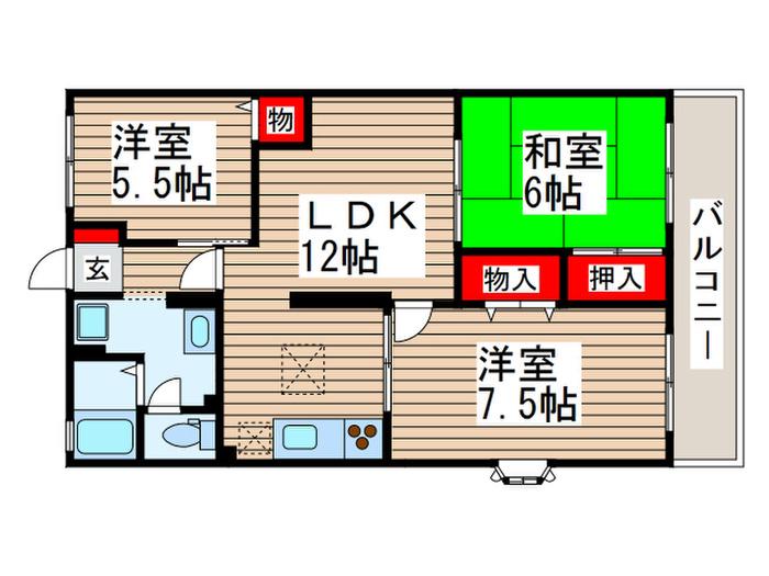 ヴェルドミール前貝塚(3LDK/1階)の間取り写真