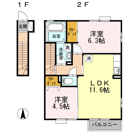 フィオーレ I(2LDK/2階)の間取り写真
