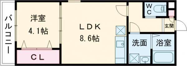 ジーメゾン大和郡山アメロ(1LDK/2階)の間取り写真