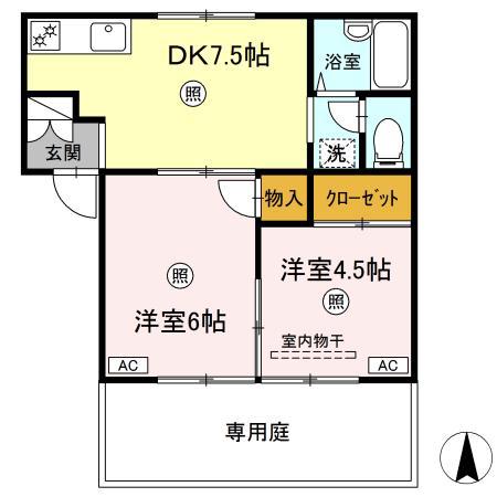 プレジール貝吹(2DK/1階)の間取り写真