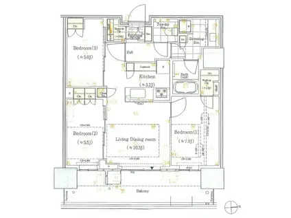 HARUMI FLAG SUN VILLAGE T棟(3LDK/11階)の間取り写真