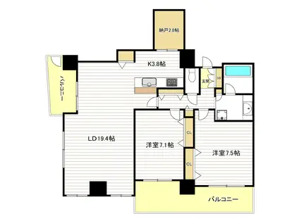 クロスレジデンス大阪新町(2SLDK/21階)の間取り写真