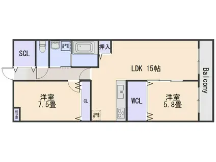 クレスト山本9丁目I(2LDK/2階)の間取り写真