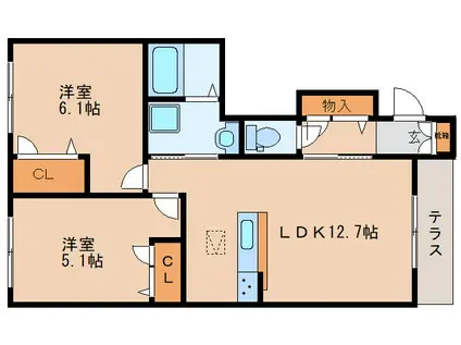 ラテール平城B棟(2LDK/1階)の間取り写真