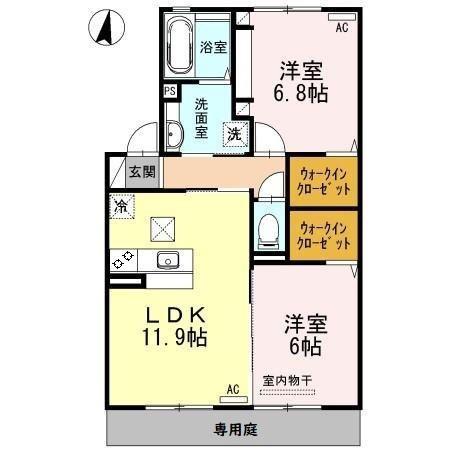 ハルブラッサム富の原 B棟(2LDK/1階)の間取り写真