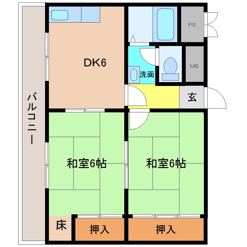 キャッスル深草東棟(2DK/1階)の間取り写真