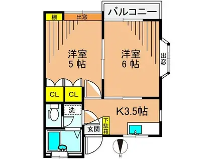 コーポかりがね(2K/2階)の間取り写真