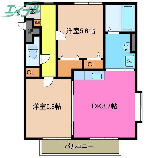オアシス(2DK/2階)の間取り写真