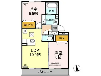 ウエスト ヴィレッジII B棟(2LDK/1階)の間取り写真
