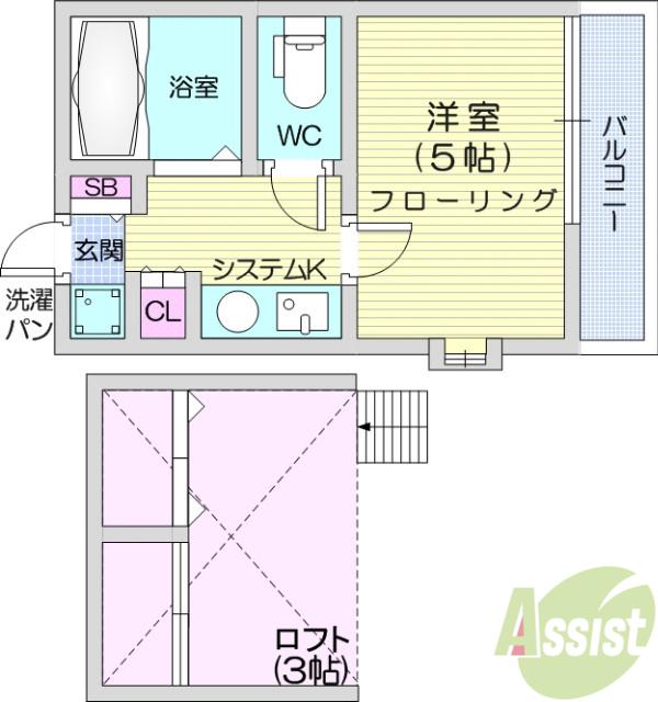 アップルハウス東仙台(1K/2階)の間取り写真